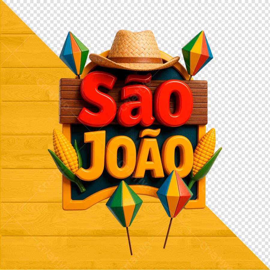 Selo 3D Festa Junina colorido com chapéu de palha