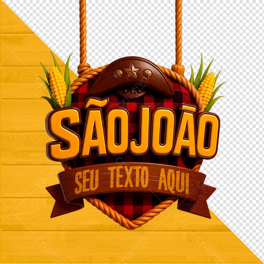 Selo 3D Festa Junina estilo madeira e xadrez