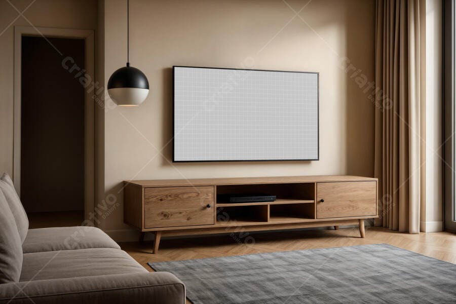 Mockup de TV Moderna em Sala de Estar Minimalista