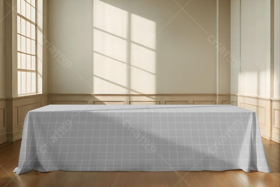Mockup Mesa com Toalha Cinza Claro em Ambiente Clássico