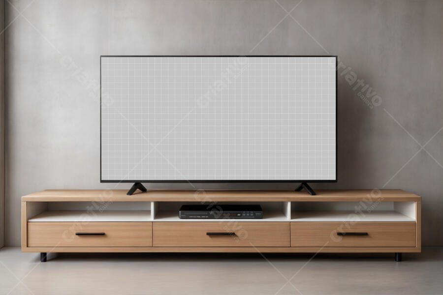 Mockup de Smart TV Moderna em Rack de Madeira