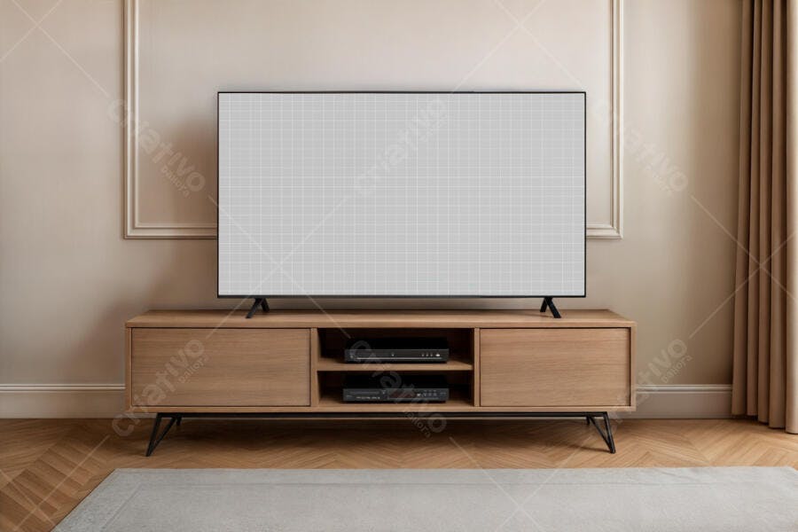 Mockup de Smart TV em Sala Moderna com Móvel de Madeira