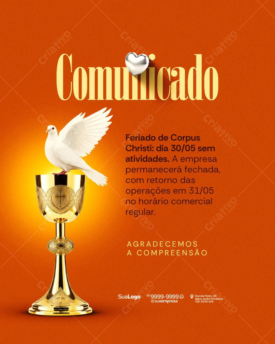 Comunicado Feriado Corpus Christi 30/05 PSD Editável