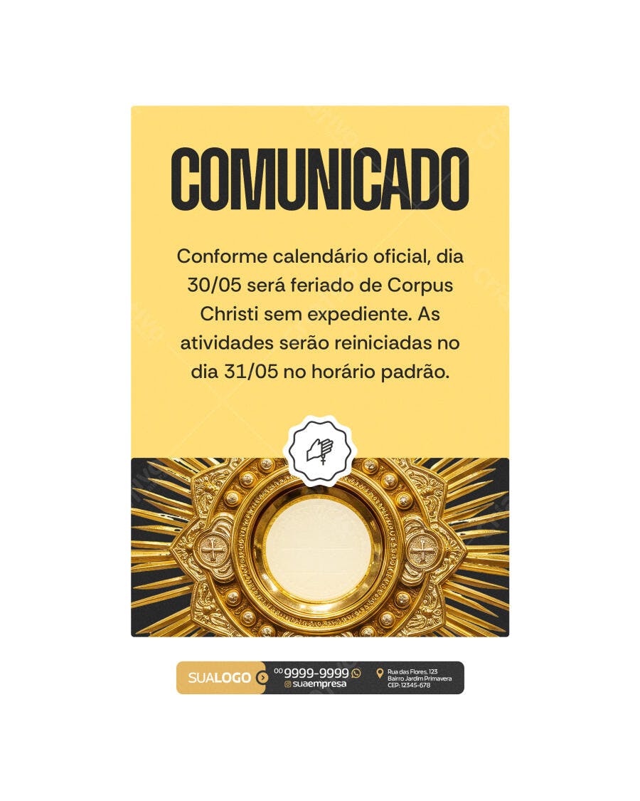Comunicado Feriado de Corpus Christi PSD Editável