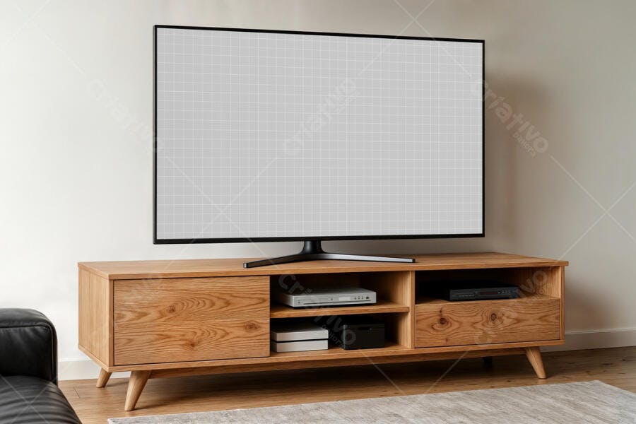 Mockup de Smart TV em Sala Moderna com Móvel de Madeira