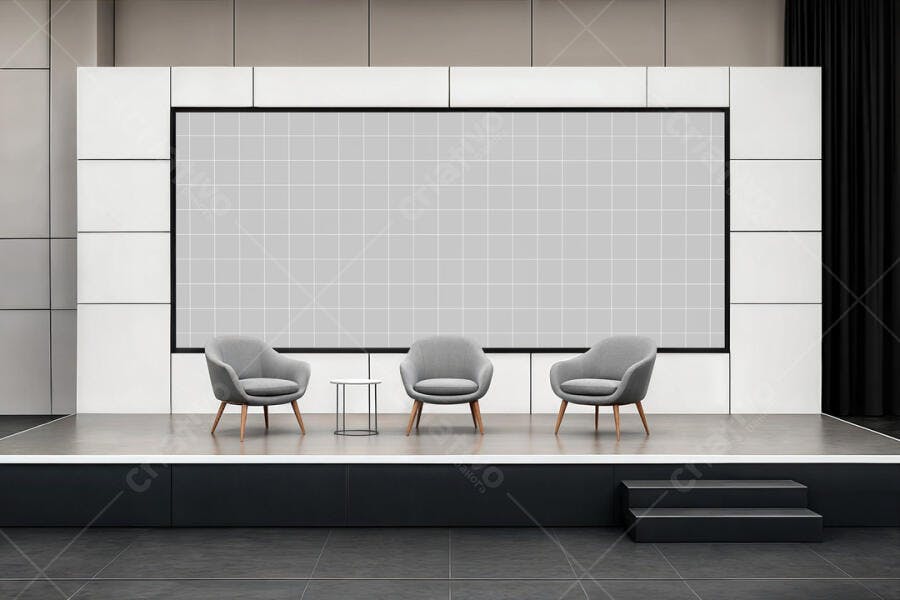 Mockup Moderno: Palco com Cadeiras Cinza para Apresentação
