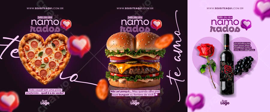 Flyer Dia dos Namorados com Pizza, Hambúrguer e Vinho PSD Editável
