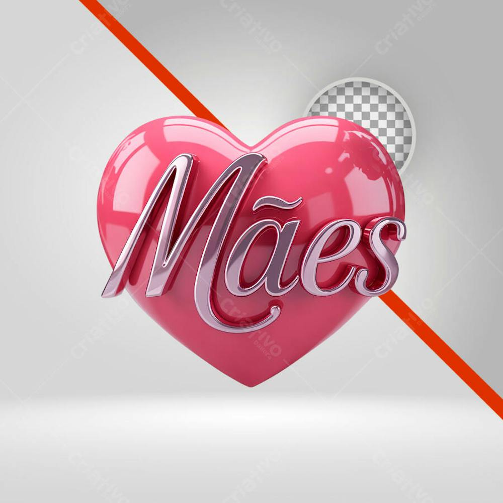 Selo 3D Dia das Mães, Coração Rosa. Texto 3D