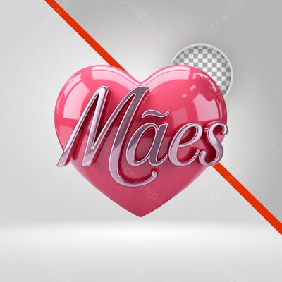 Selo 3D Dia das Mães, Coração Rosa. Texto 3D