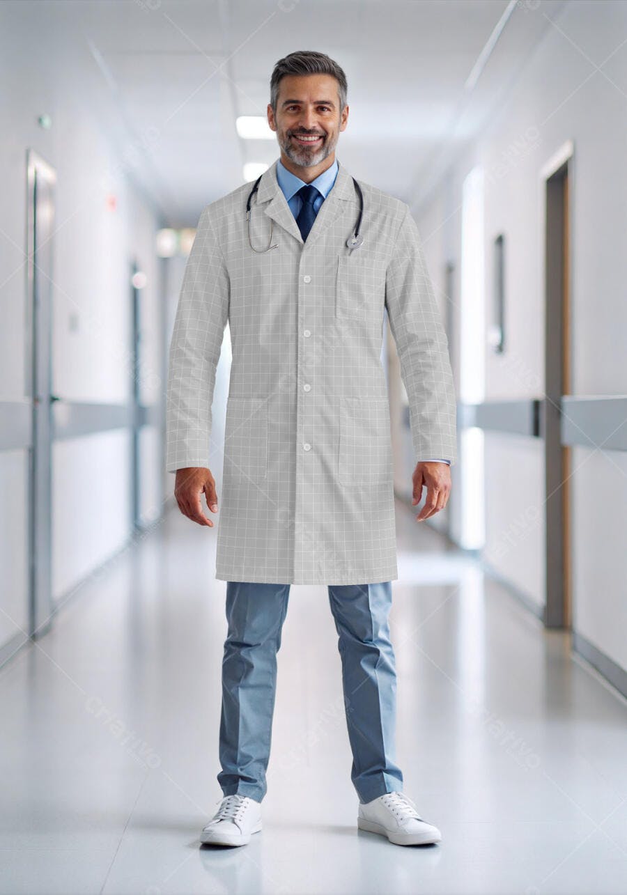 Mockup Jaleco Médico Realista: Cinza Claro e Quadriculado