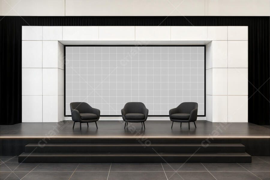 Mockup Minimalista de Palco com Cadeiras Pretas