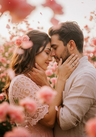 Casal de noivos apaixonados sobre composição de flores para composição