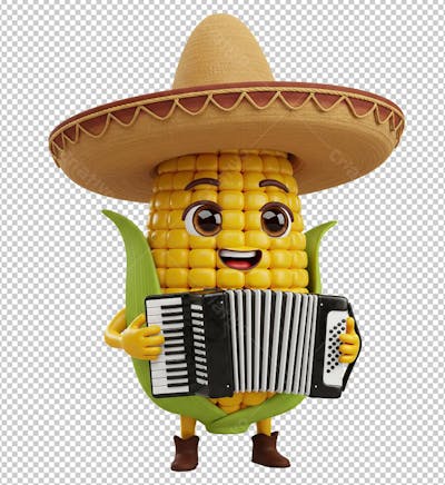 Milho Tocando Sanfona de São João Renderizado em 3D