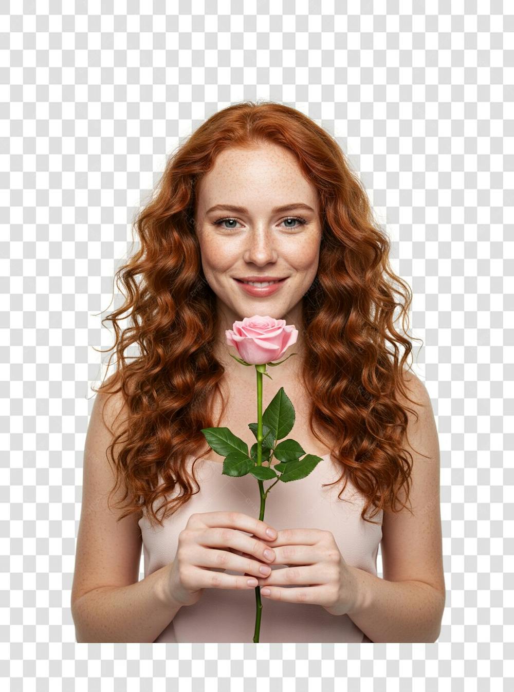 Mulher ruiva segurando rosa nas duas mãos png transparente