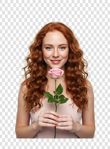 Mulher ruiva segurando rosa nas duas mãos png transparente