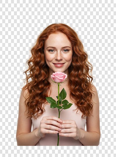 Mulher ruiva segurando rosa nas duas mãos png transparente