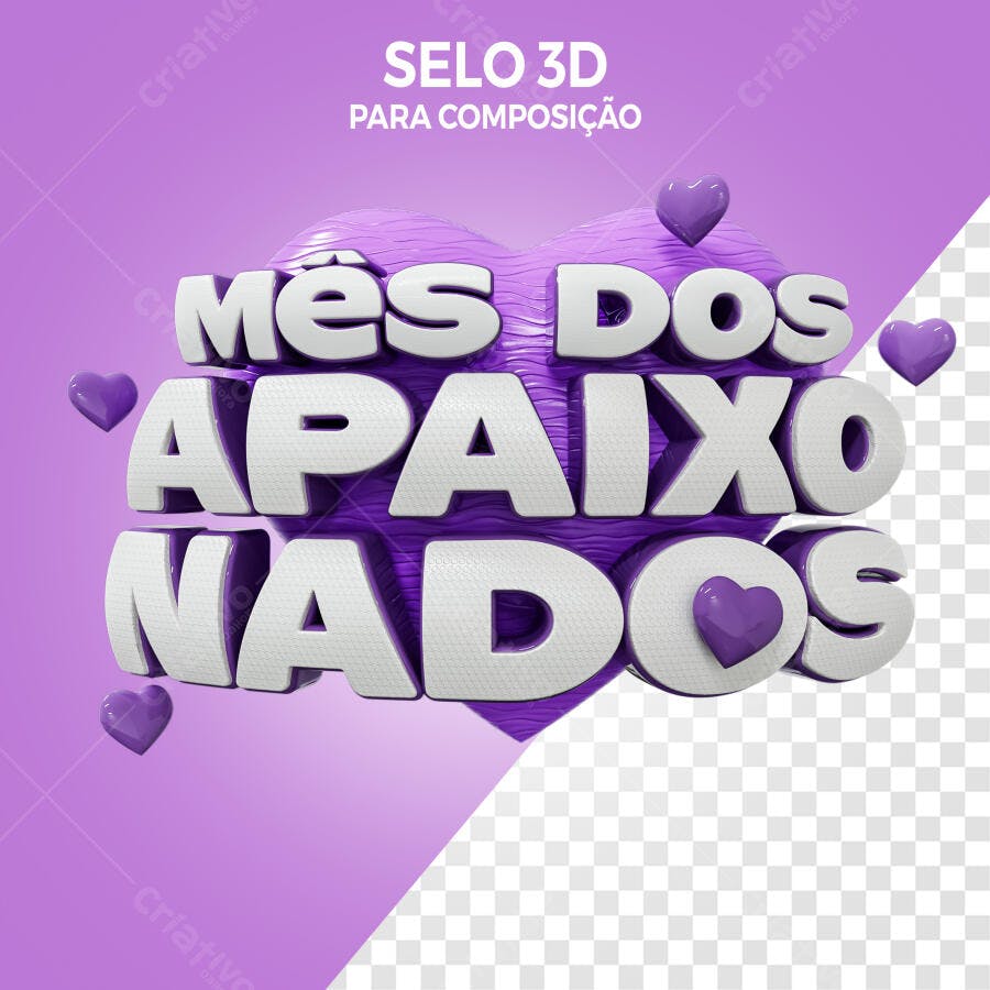 Selo 3D romântico em formato de coração roxo e branco