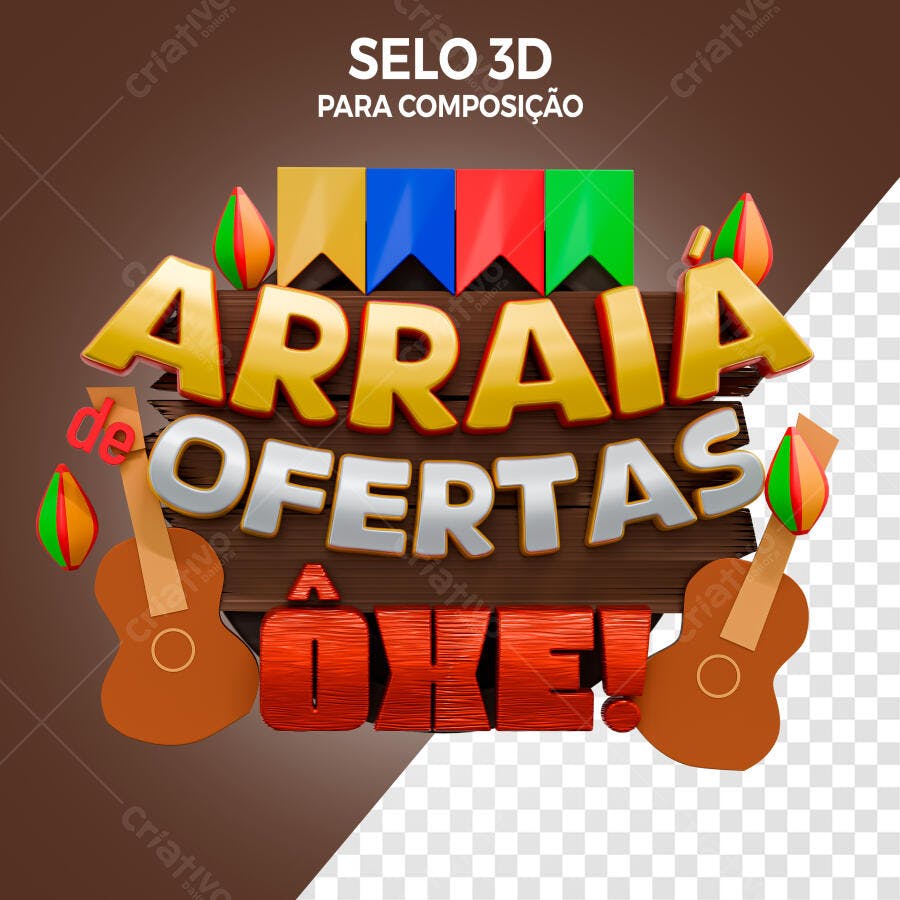 Selo 3D promocional Festa Junina dourado e madeira