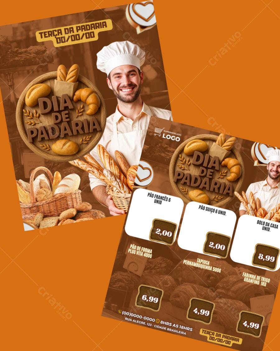 Flyer Dia da Padaria marrom e bege Editável no Canva