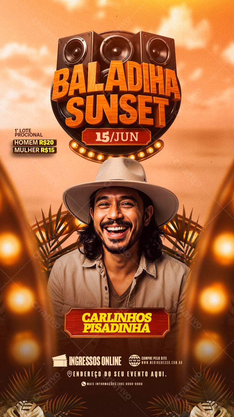 Flyer para Festa Sunset com Carlinhos Pisadinha PSD Editável
