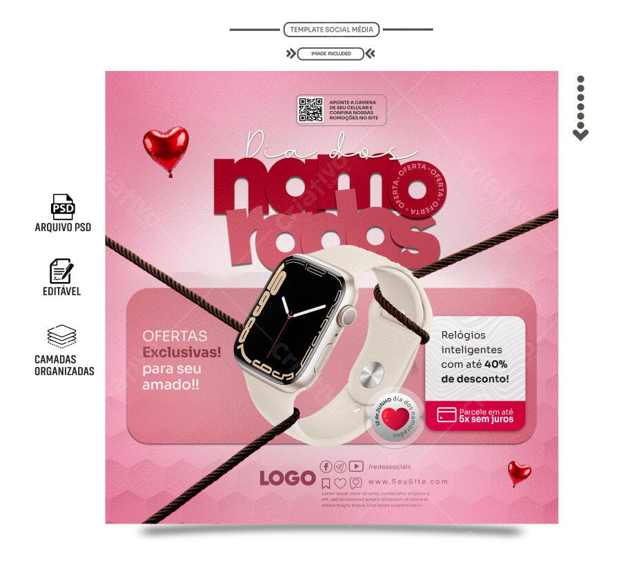 Flyer Dia dos Namorados com Smartwatch PSD Editável