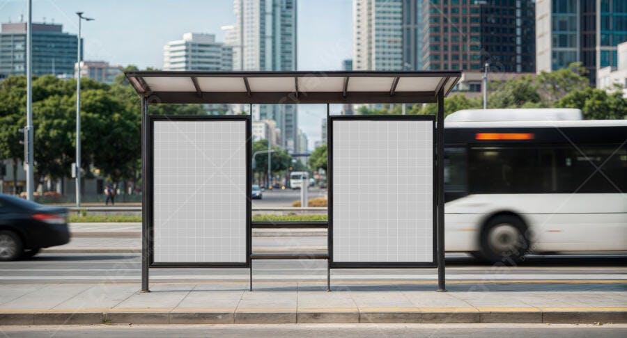 Mockup Realista de Painéis de Ônibus em Cidade Moderna