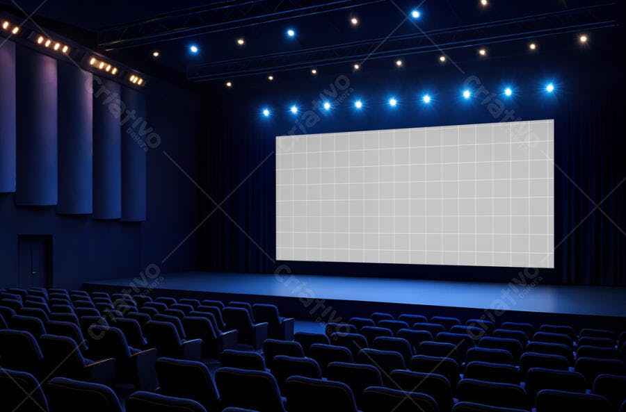 Mockup Cinema: Tela Gigante em Sala de Cinema Azul Escuro
