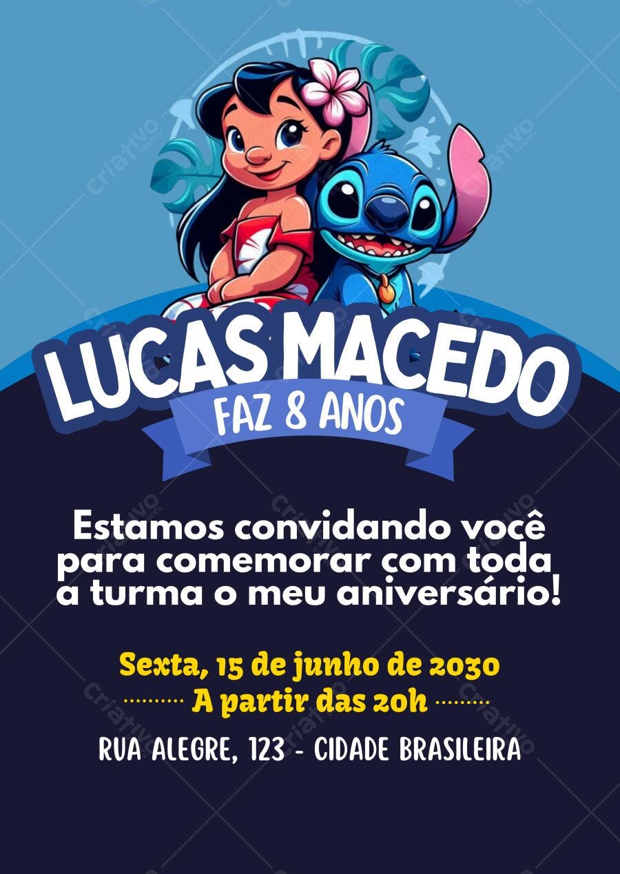 Convite de Aniversário Infantil Lilo e Stitch Editável no Canva