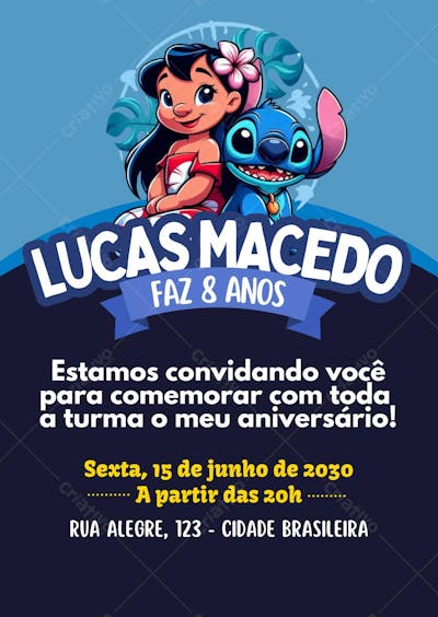 Convite de aniversário com tema de cachorro policial infantil divertido lilo and stitch