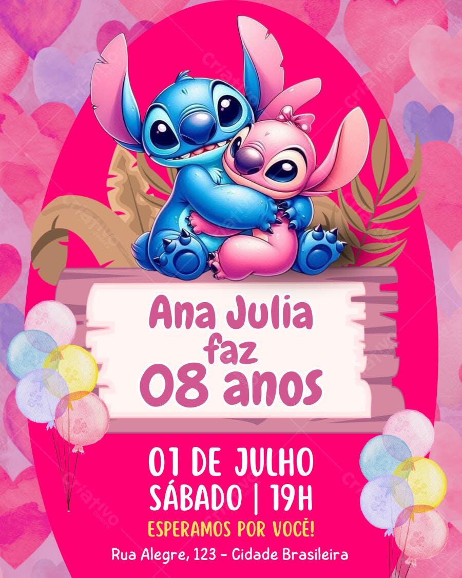 Convite de Aniversário Infantil Stitch e Angel Rosa e Azul Editável no Canva