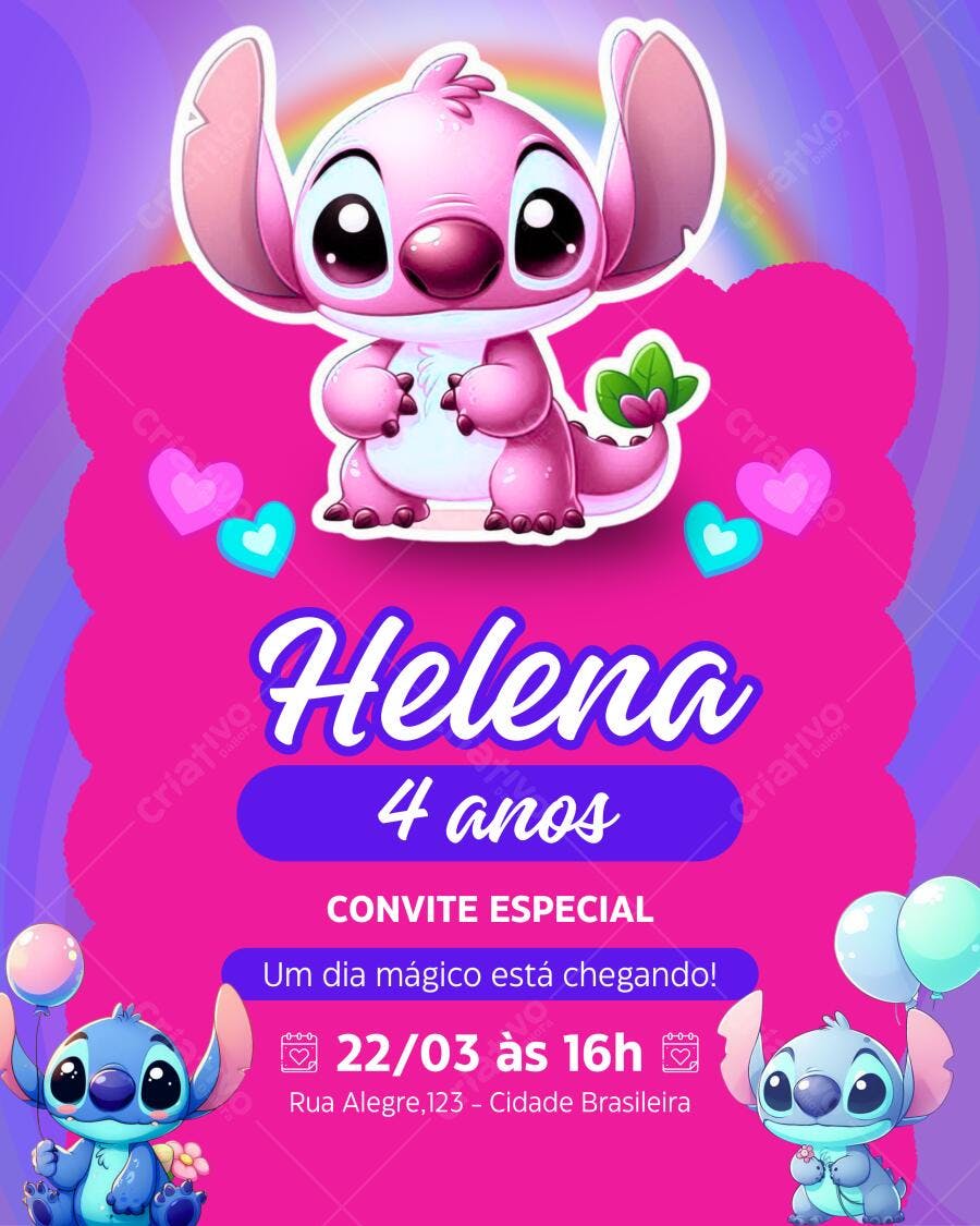 Convite de Aniversário Infantil Stitch Rosa e Azul Editável no Canva