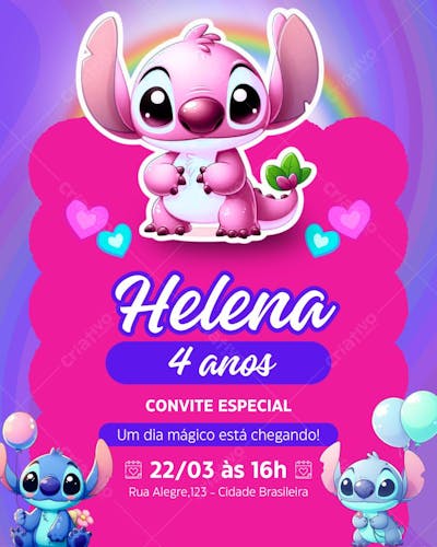 convite de aniversário canva infantil Digital Lilo e Stitch