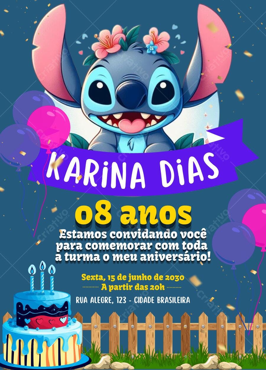 Convite de Aniversário Infantil Stitch Azul e Rosa Editável no Canva