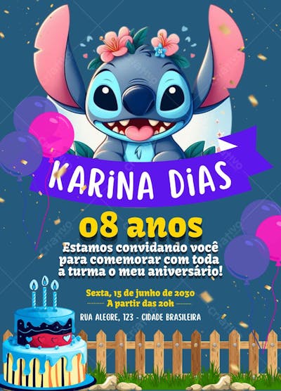 Convite Aniversário infantil Stitch Com Moldura 3D