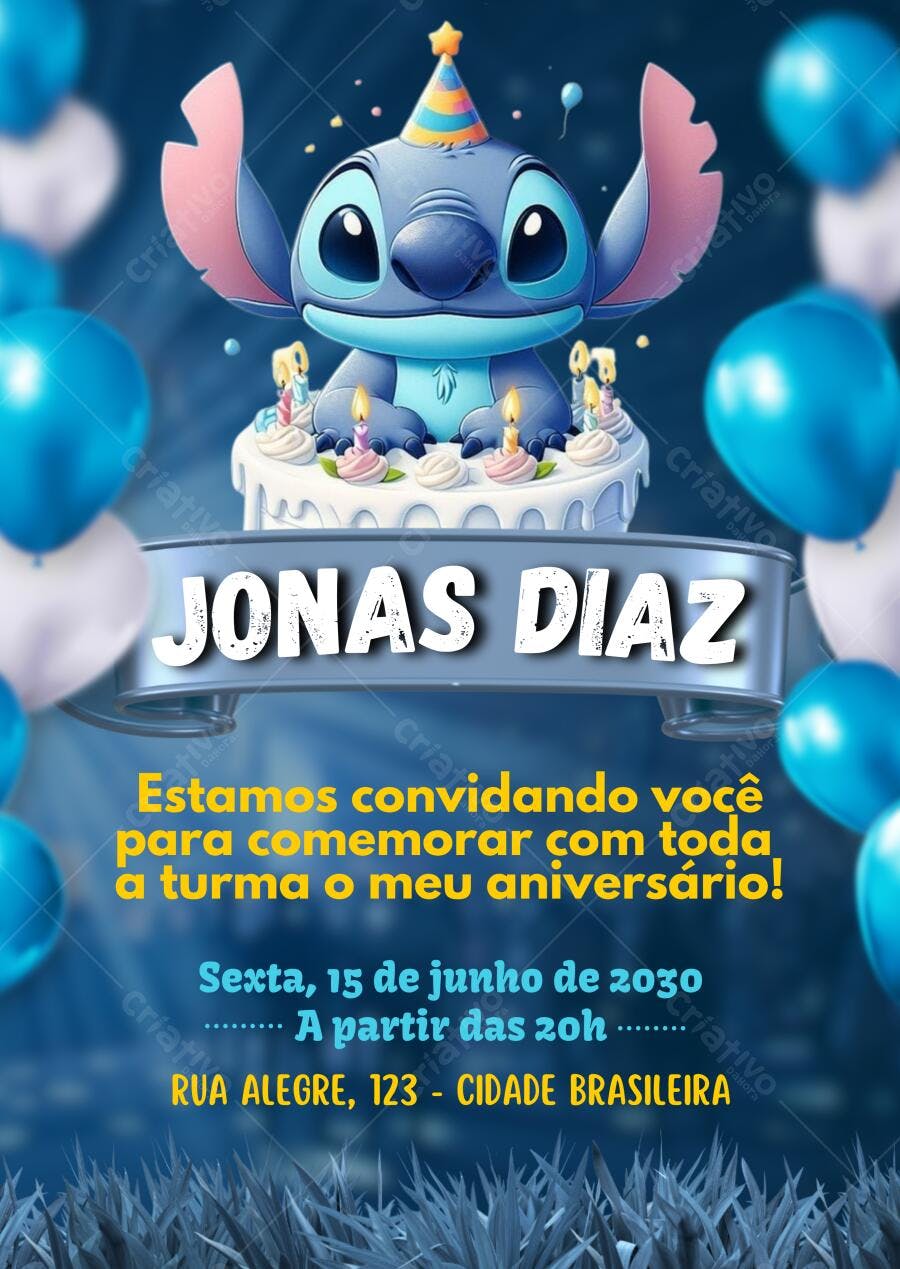 Convite de Aniversário Infantil Stitch Azul e Branco Editável no Canva