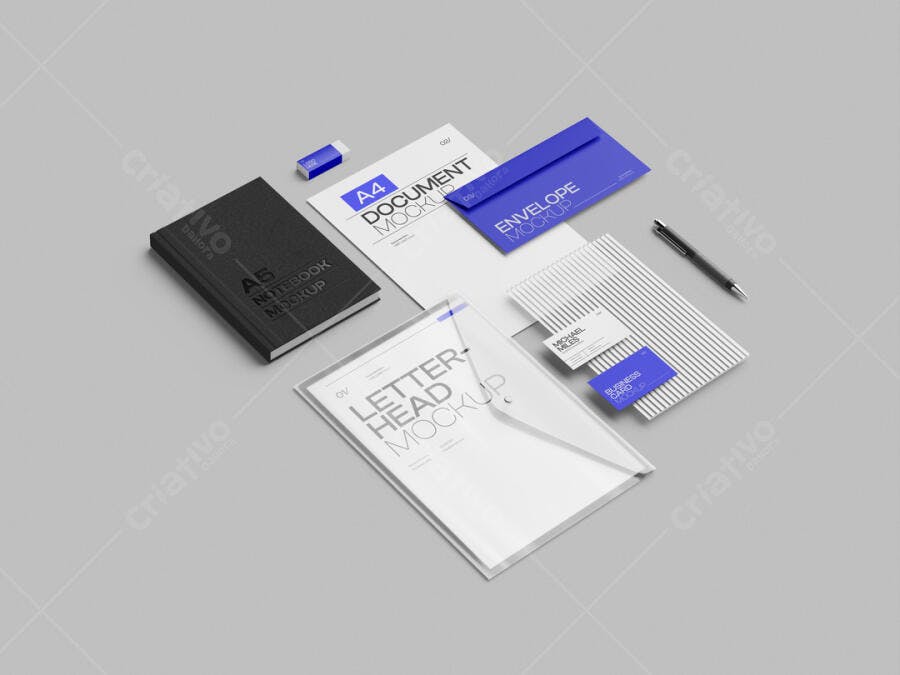 Mockup de Papelaria Minimalista: Notebook, Envelope e Cartões