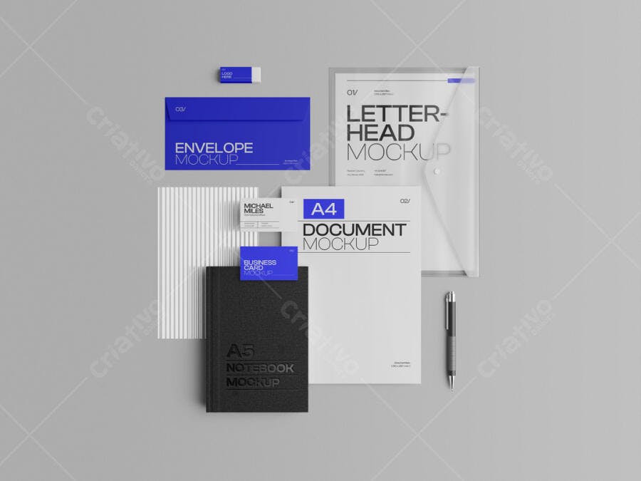 Mockup de Papelaria Minimalista: Azul e Preto
