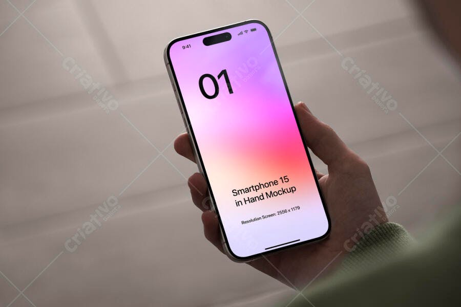 Mockup de Smartphone na Mão: Design Moderno, Cores Vibrantes