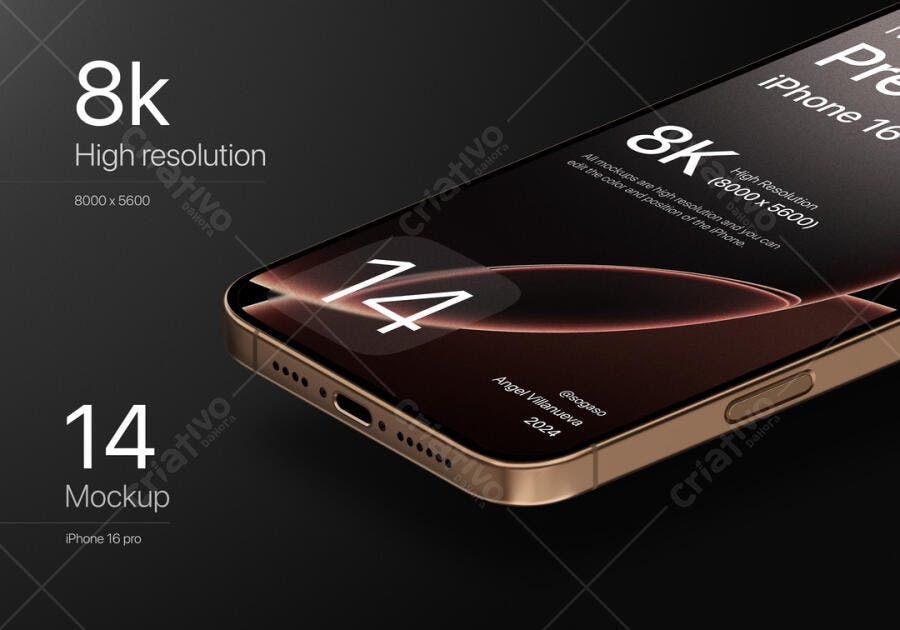Mockup iPhone 16 Pro Dourado: Design Realista 8K