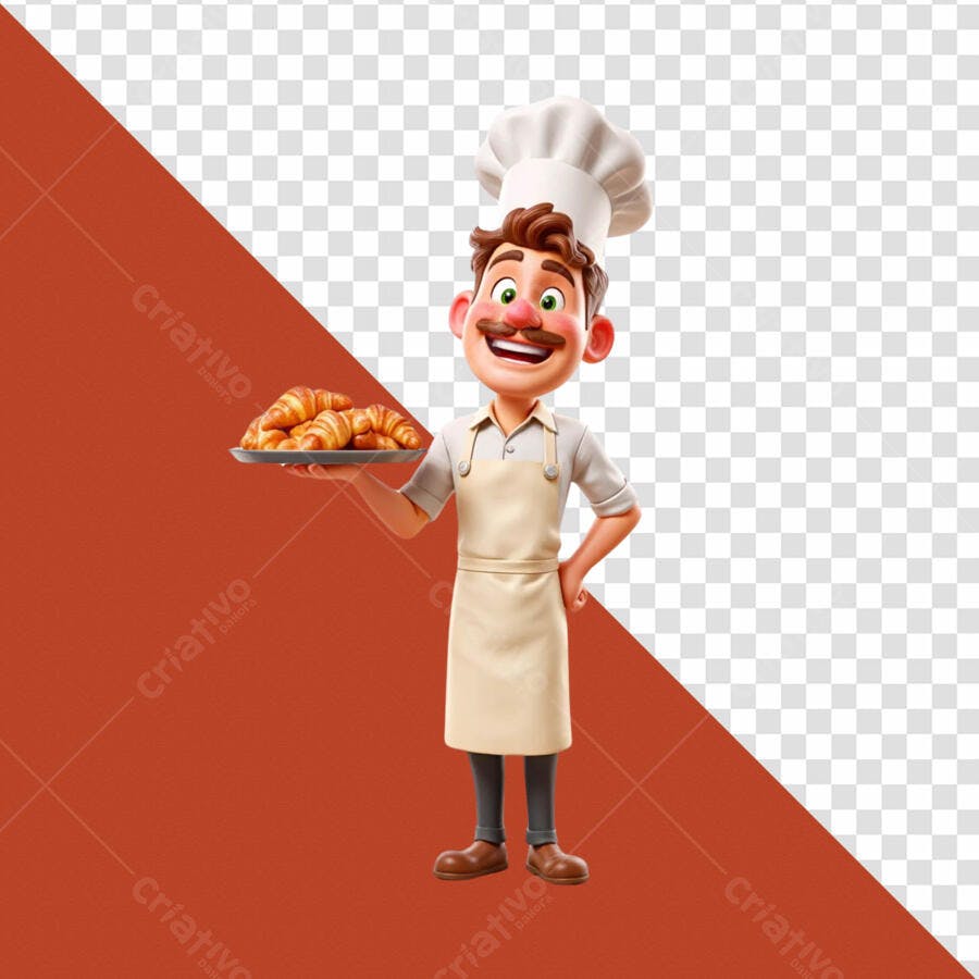 Personagem Chef de Padaria com Croissants PSD Editável