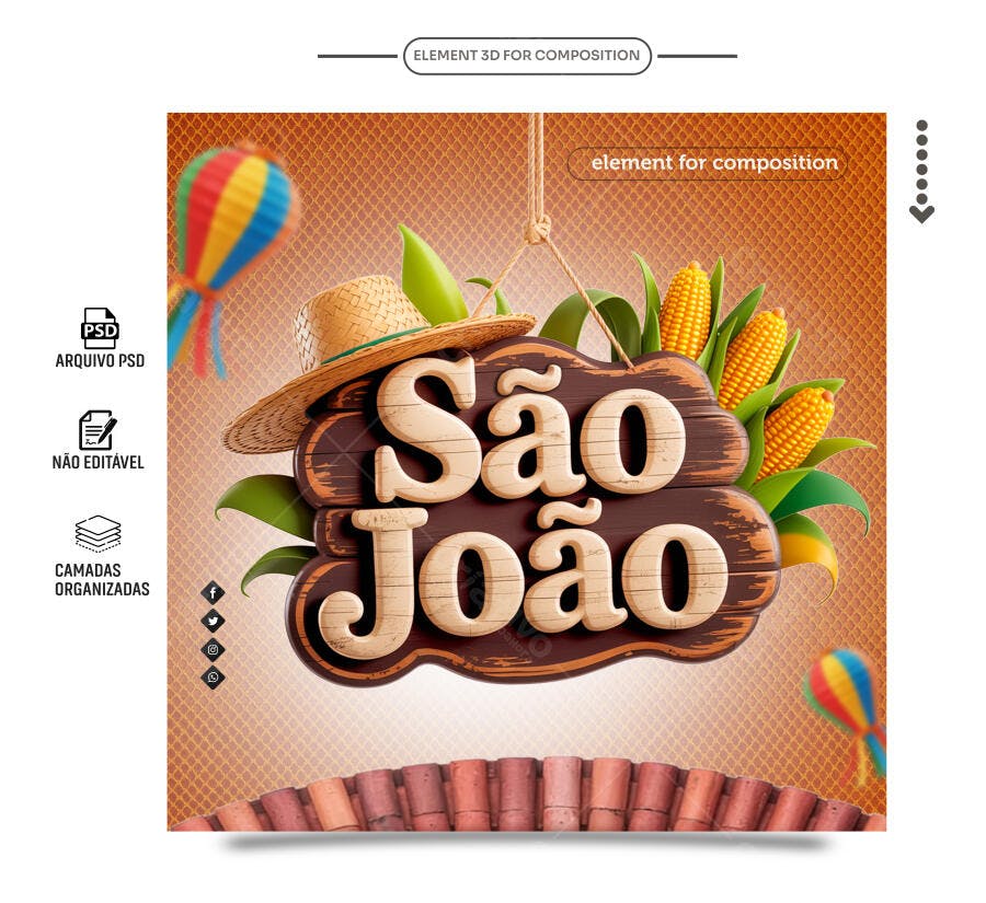 Selo 3D Festa Junina Madeira e Milho