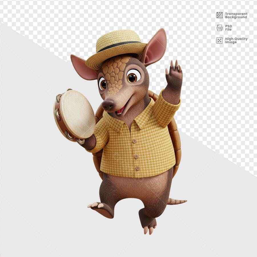 Personagem Cartoon Tatu-bola com pandeiro PSD Editável