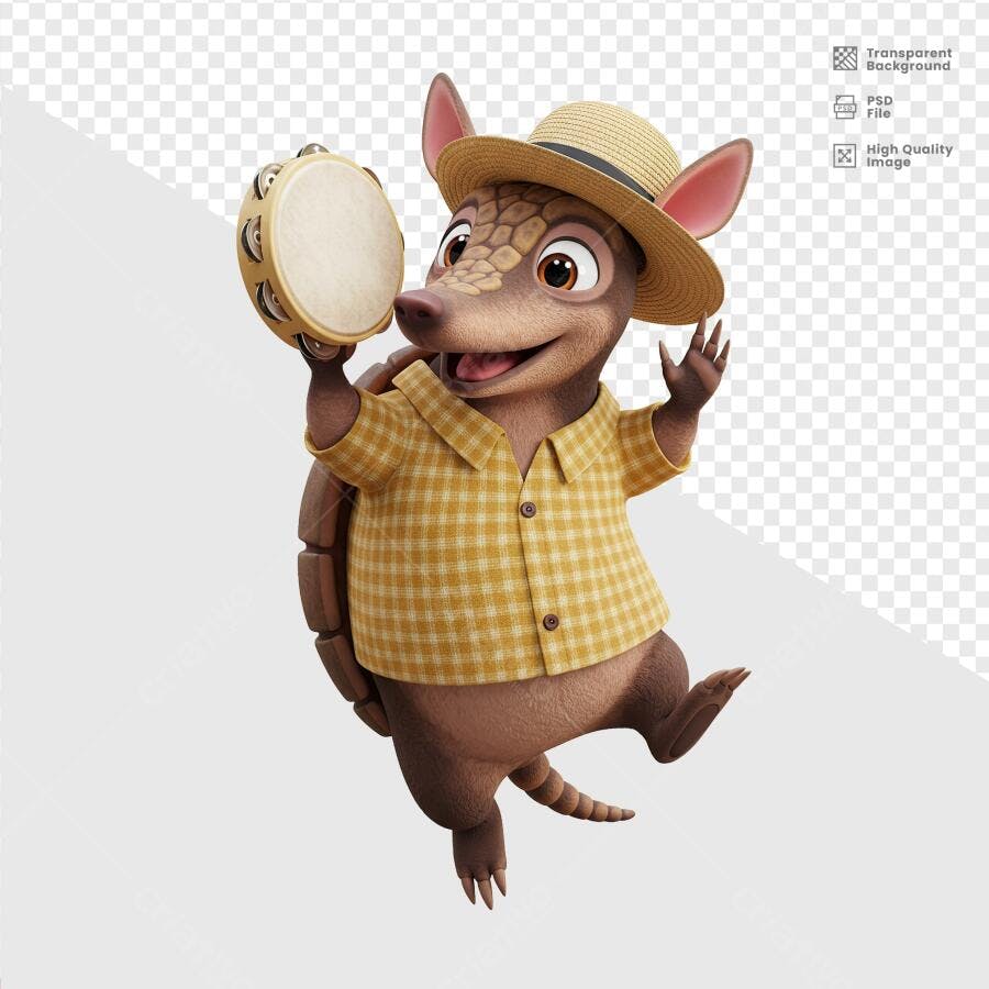 Ilustração Tatu com pandeiro PSD Editável