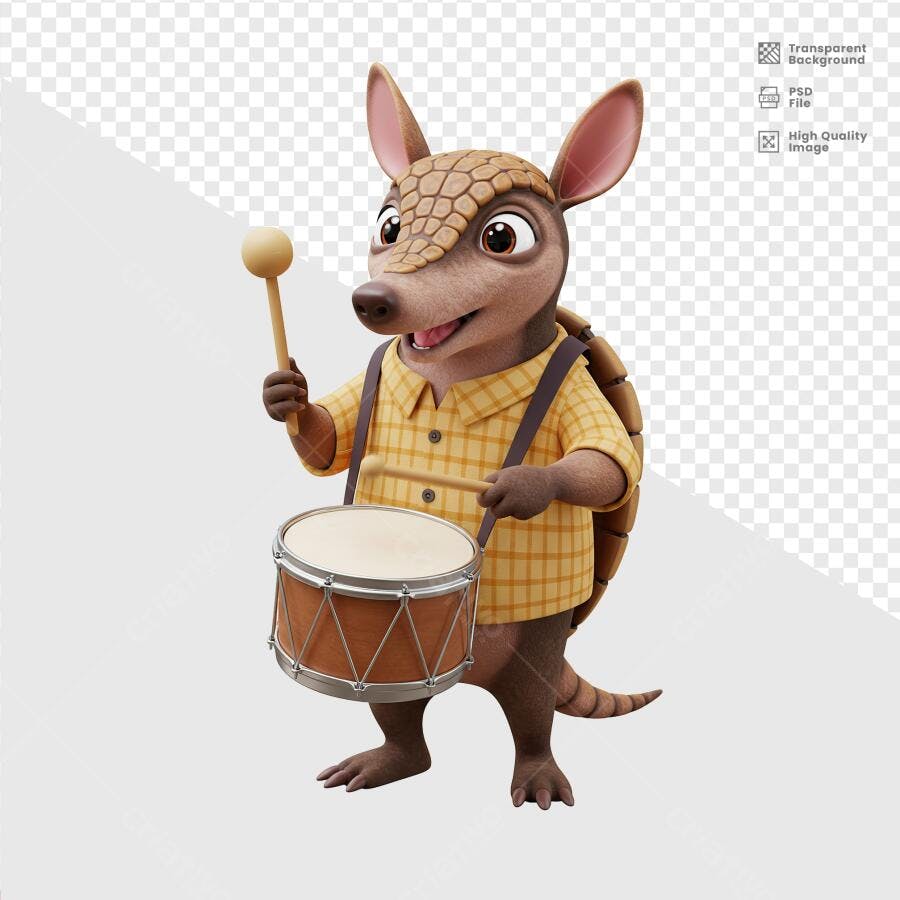 Ilustração Tatu tocando bateria PSD Editável