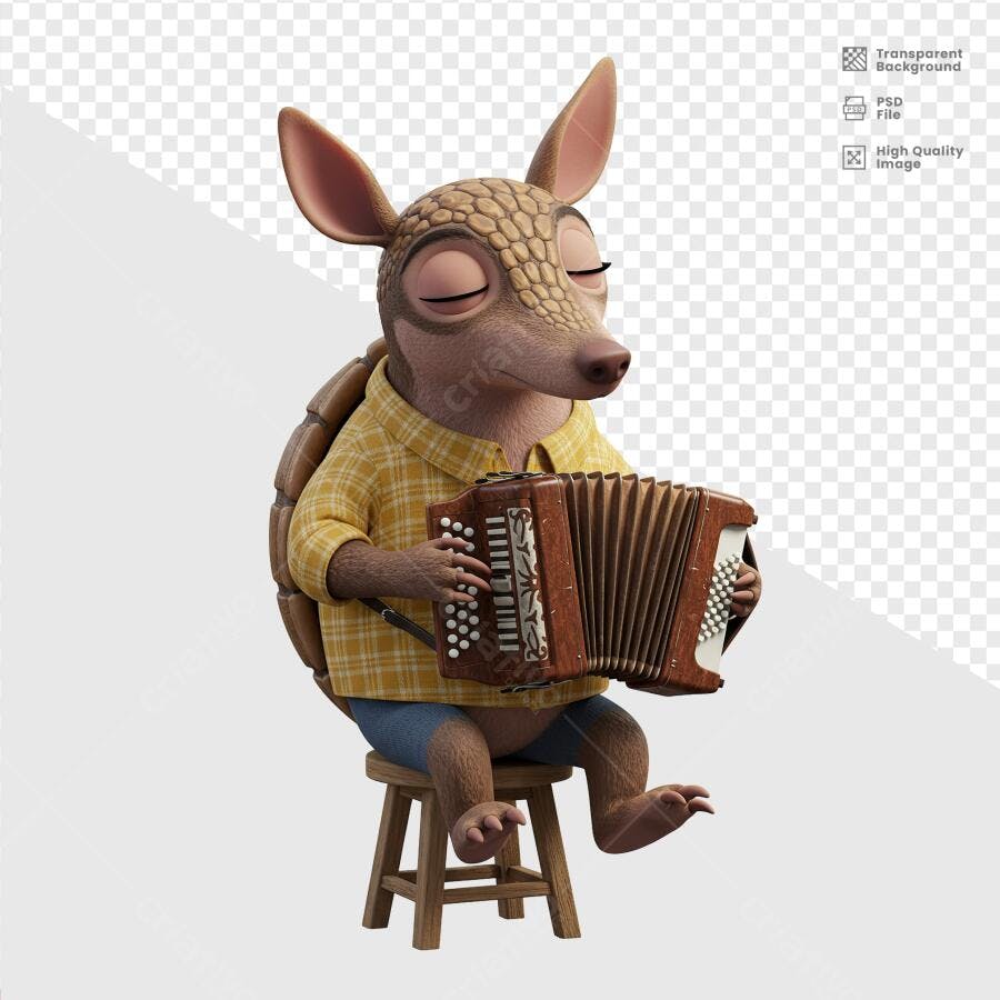 Ilustração de Tatu Tocando Acordeão PSD Editável