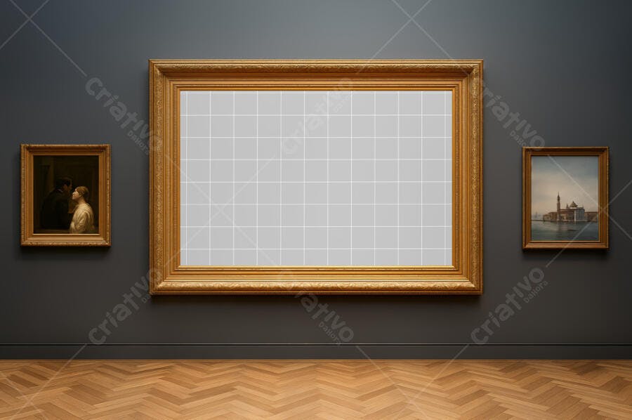Mockup Quadro Dourado em Galeria de Arte