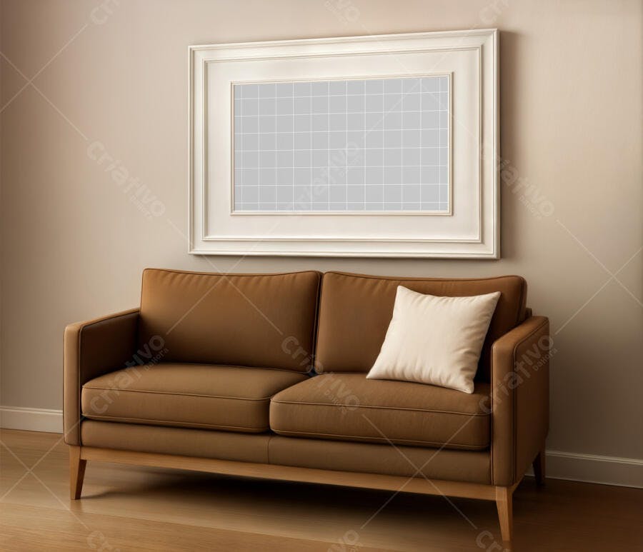 Mockup Quadro Moderno em Sala com Sofá Marrom
