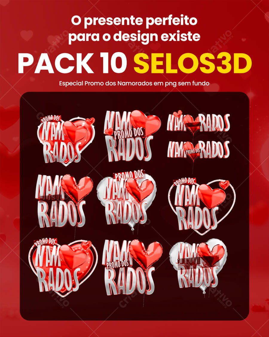 Selo 3D promocional namorados vermelho e prata
