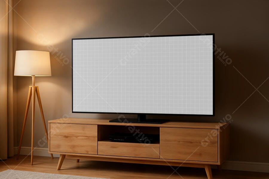 Mockup de Smart TV em Sala Moderna com Móveis de Madeira
