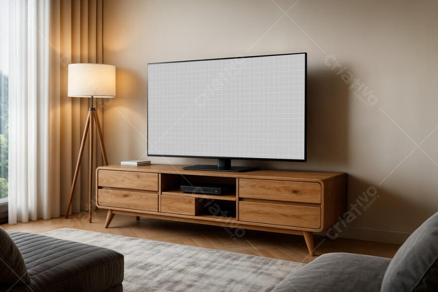 Mockup de Smart TV em Sala Moderna com Detalhes em Madeira